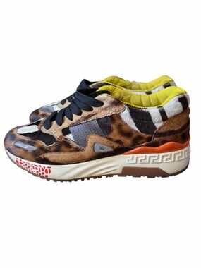 Versace  Leopard-Print Sneakers with Yellow Lining and Orange Accents